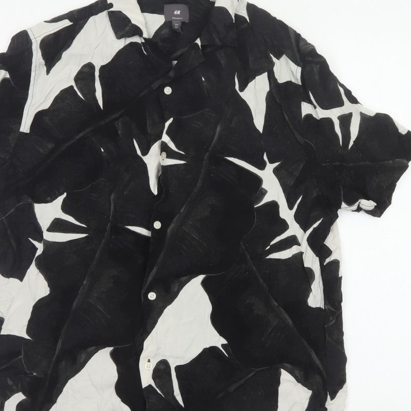 H&M Men Black White Floral Viscose Regular Fit Short Sleeve Shirt L