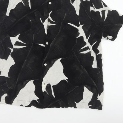 H&M Men Black White Floral Viscose Regular Fit Short Sleeve Shirt L