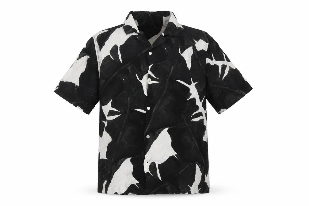 H&M Men Black White Floral Viscose Regular Fit Short Sleeve Shirt L