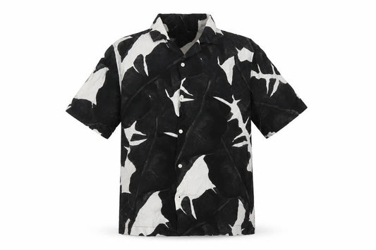 Front view of H&M Men Black White Floral Viscose Regular Fit Short Sleeve Shirt L