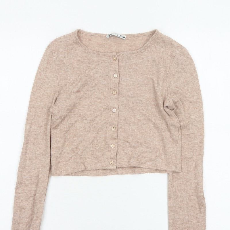 Zara Women Beige S Lightweight Button Front Knit Cardigan