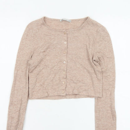 Zara Women Beige S Lightweight Button Front Knit Cardigan