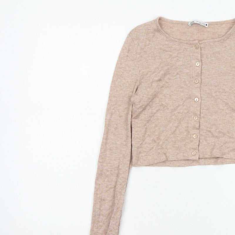 Zara Women Beige S Lightweight Button Front Knit Cardigan