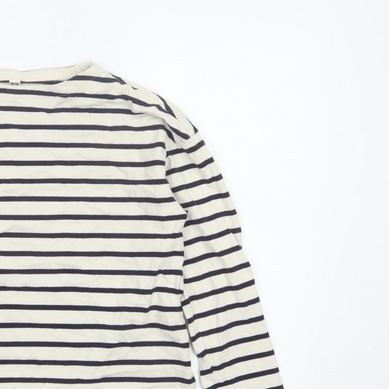 Uniqlo Women Ivory Navy Striped XS Basic Cotton Long Sleeve T-Shirt