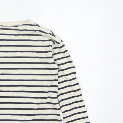 Uniqlo Women Ivory Navy Striped XS Basic Cotton Long Sleeve T-Shirt