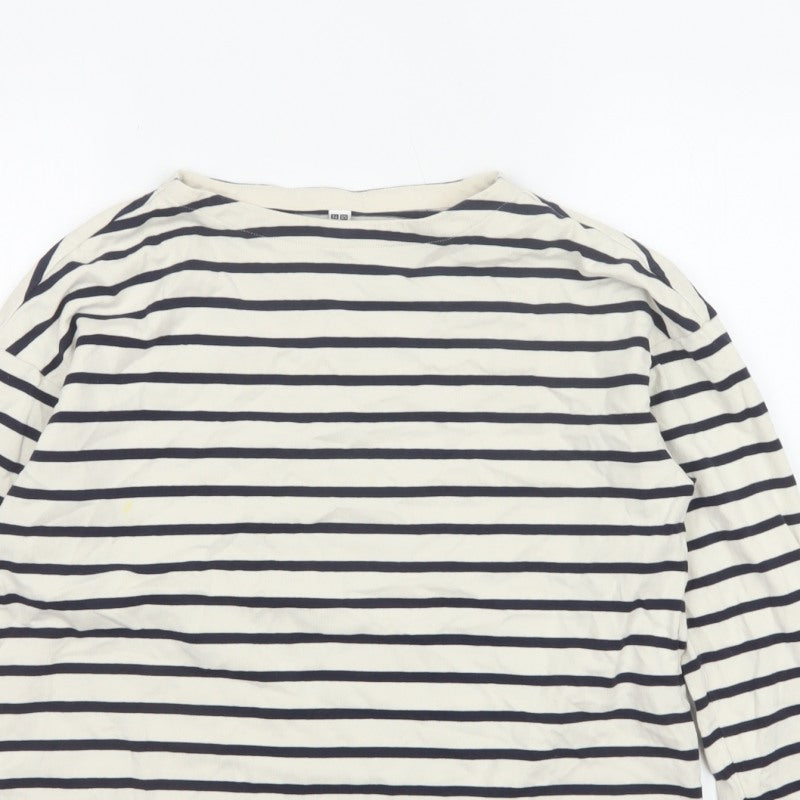 Uniqlo Women Ivory Navy Striped XS Basic Cotton Long Sleeve T-Shirt