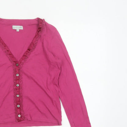 Jigsaw Women Pink S Cotton Jersey Ruffle V-Neck Button-Up Top