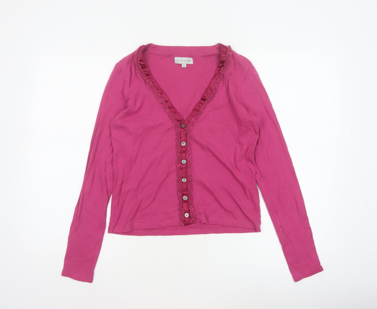 Jigsaw Women Pink S Cotton Jersey Ruffle V-Neck Button-Up Top