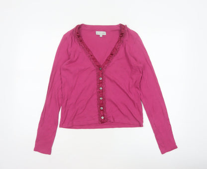Jigsaw Women Pink S Cotton Jersey Ruffle V-Neck Button-Up Top