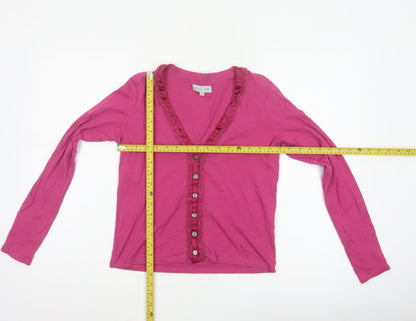 Jigsaw Women Pink S Cotton Jersey Ruffle V-Neck Button-Up Top