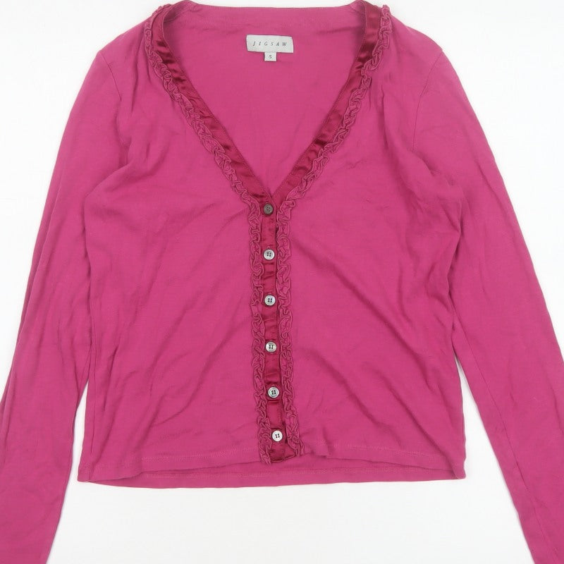 Jigsaw Women Pink S Cotton Jersey Ruffle V-Neck Button-Up Top
