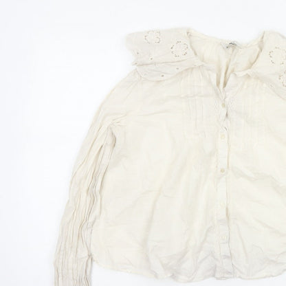 M&S Women's Ivory UK 14 Embroidered Cotton Long Sleeve Button-Up Blouse
