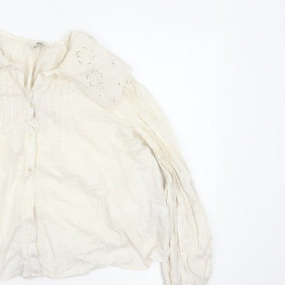 M&S Women's Ivory UK 14 Embroidered Cotton Long Sleeve Button-Up Blouse