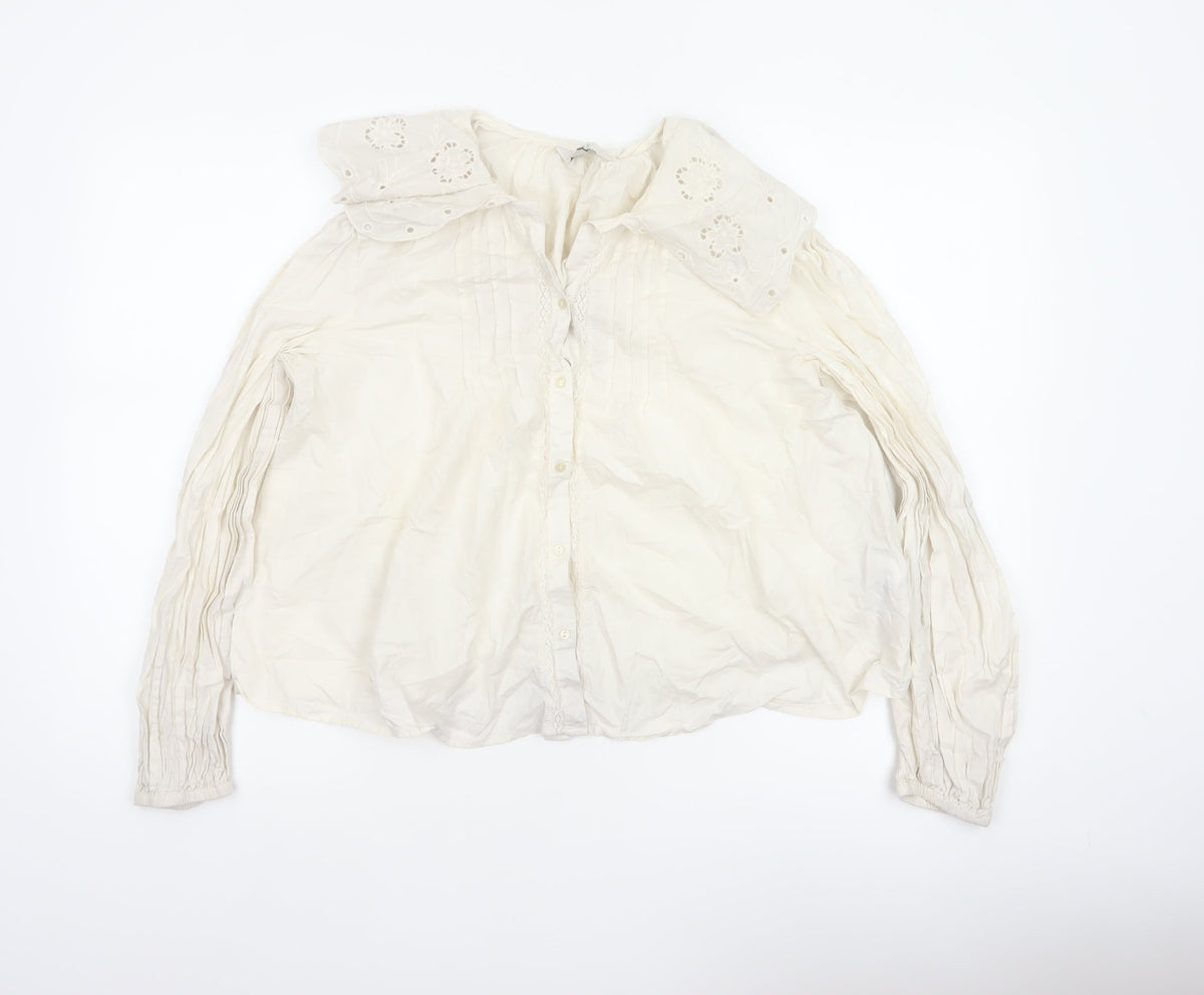 M&S Women's Ivory UK 14 Embroidered Cotton Long Sleeve Button-Up Blouse