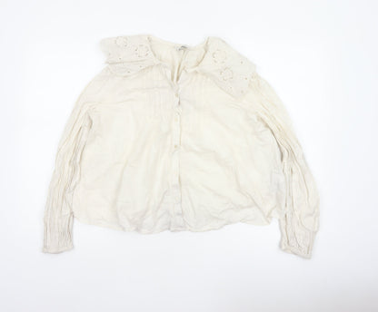 M&S Women's Ivory UK 14 Embroidered Cotton Long Sleeve Button-Up Blouse