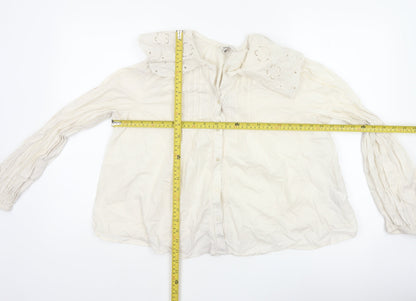 M&S Women's Ivory UK 14 Embroidered Cotton Long Sleeve Button-Up Blouse