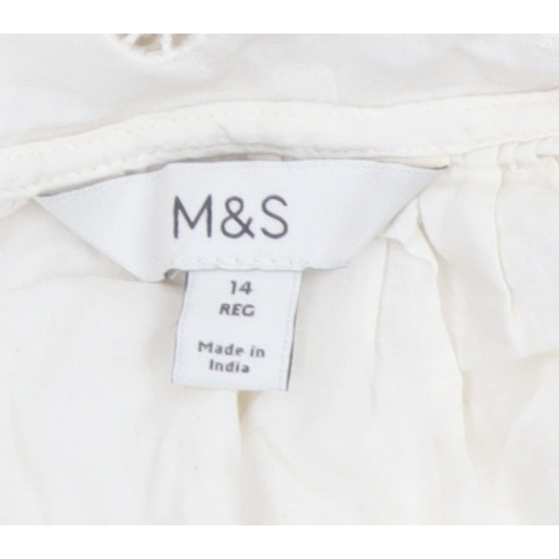 M&S Women's Ivory UK 14 Embroidered Cotton Long Sleeve Button-Up Blouse