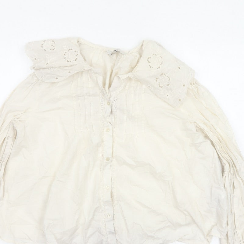 M&S Women's Ivory UK 14 Embroidered Cotton Long Sleeve Button-Up Blouse