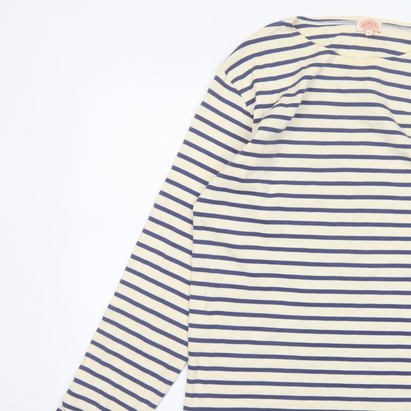Armor Lux Women Blue Ivory Stripe Boat Neck Long Sleeve T-Shirt XL