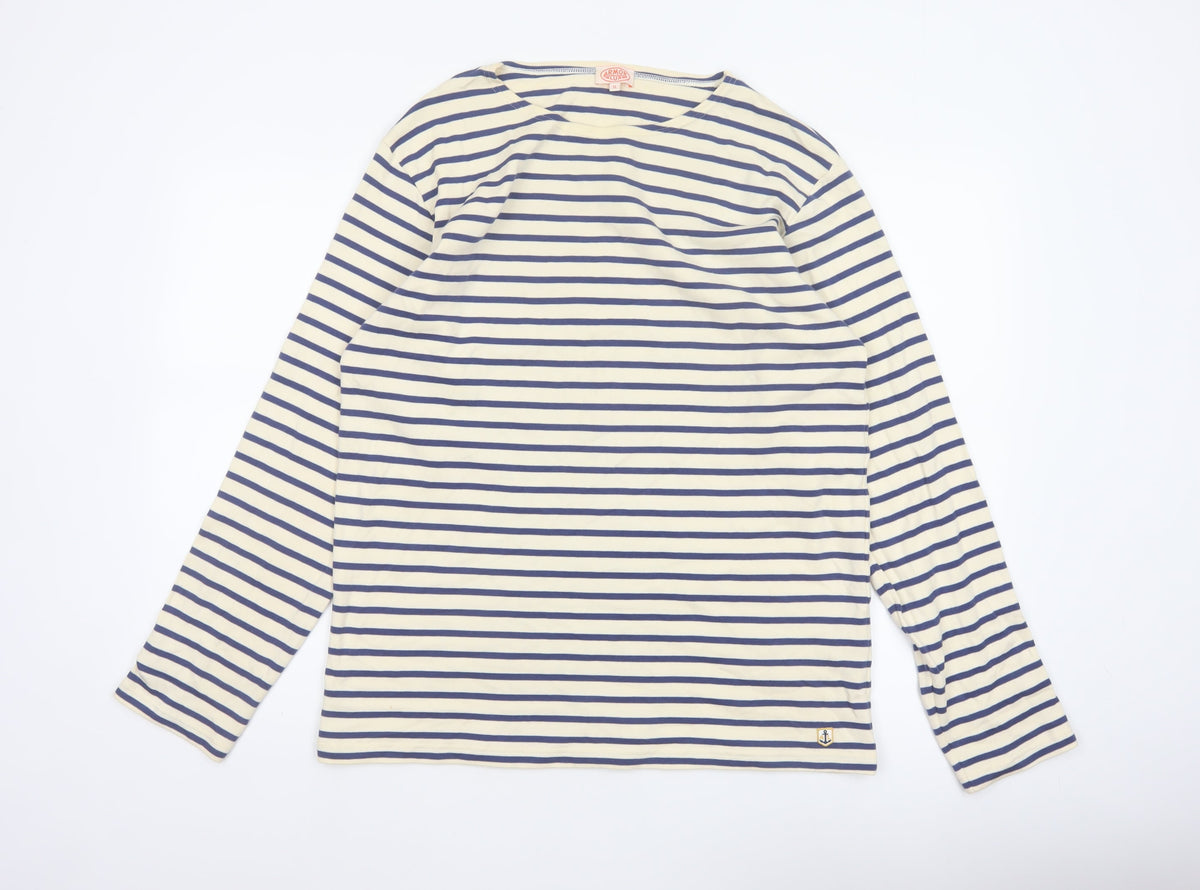 Armor Lux Women Blue Ivory Stripe Boat Neck Long Sleeve T-Shirt XL