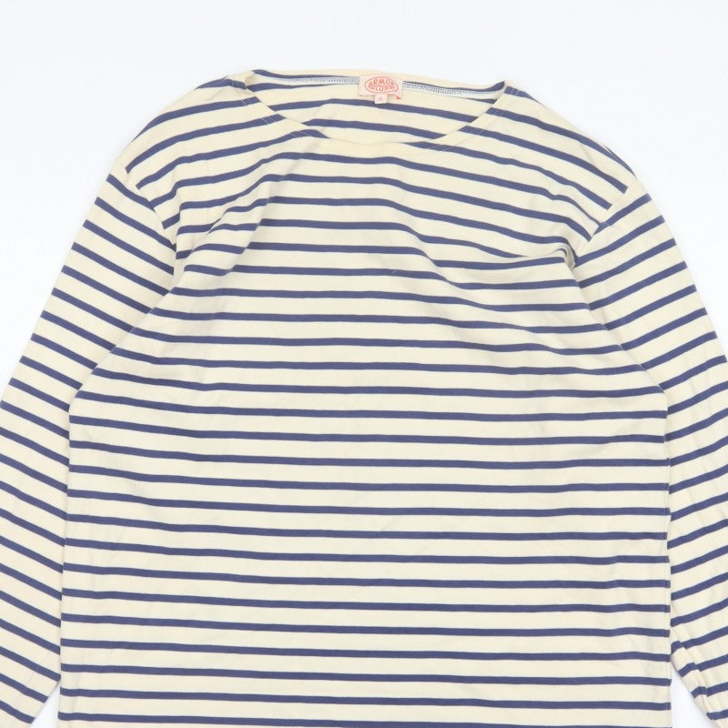 Armor Lux Women Blue Ivory Stripe Boat Neck Long Sleeve T-Shirt XL