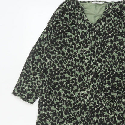 Masai Women Green Leopard Print Jersey Shift Dress M V-Neck