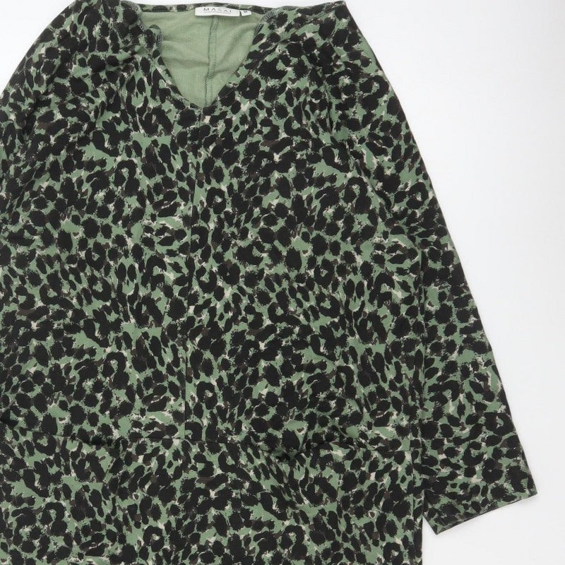 Masai Women Green Leopard Print Jersey Shift Dress M V-Neck