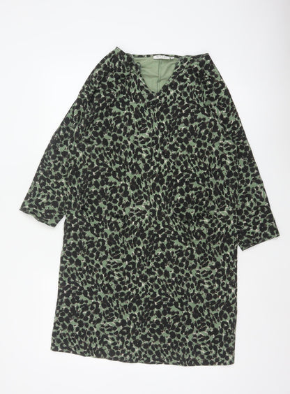 Masai Women Green Leopard Print Jersey Shift Dress M V-Neck