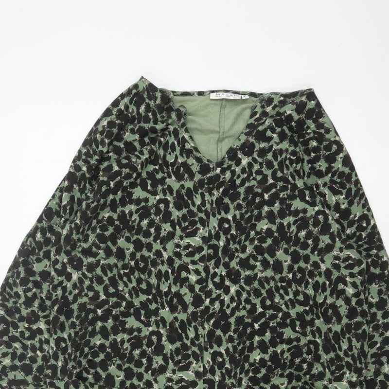 Masai Women Green Leopard Print Jersey Shift Dress M V-Neck