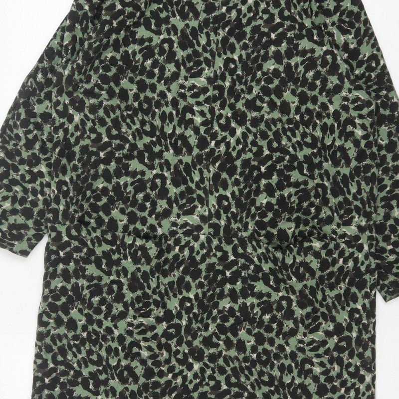 Masai Women Green Leopard Print Jersey Shift Dress M V-Neck