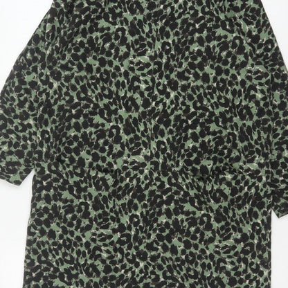 Masai Women Green Leopard Print Jersey Shift Dress M V-Neck