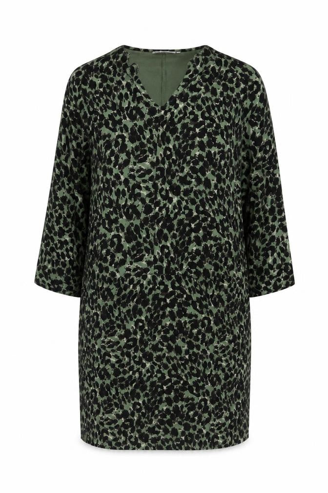Masai Women Green Leopard Print Jersey Shift Dress M V-Neck