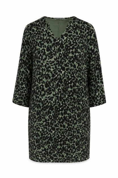 Masai Women Green Leopard Print Jersey Shift Dress M V-Neck