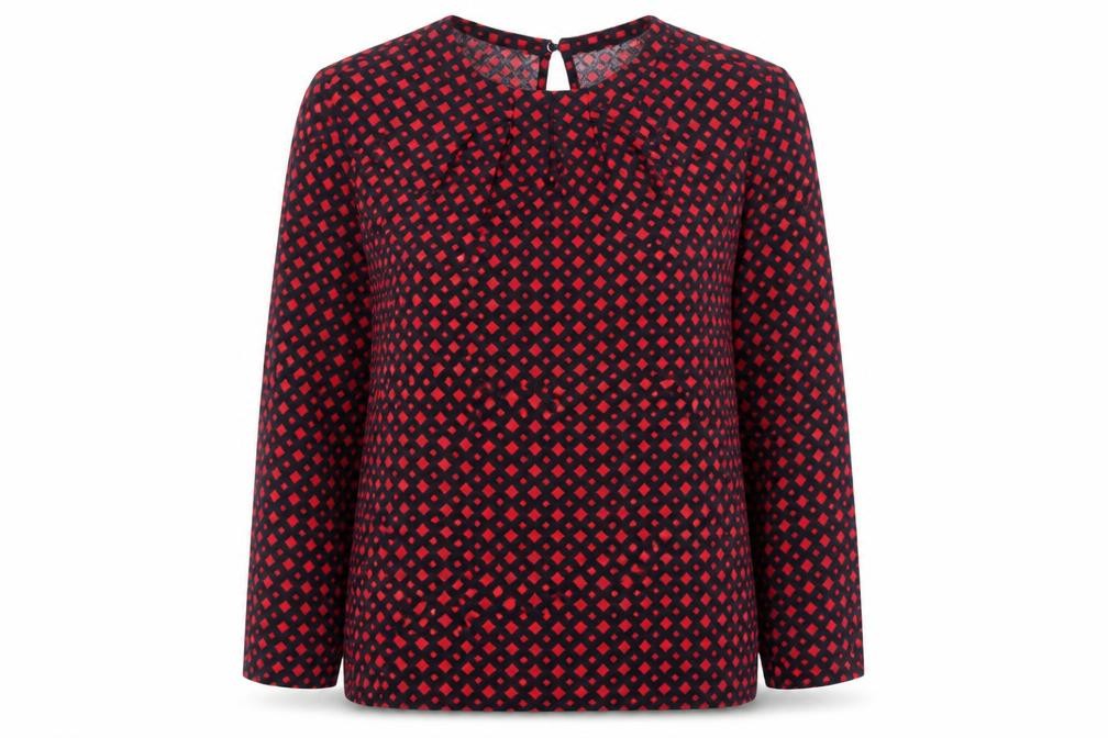 Hobbs Women Red Black S Geometric V-Neck Flared Sleeve Blouse