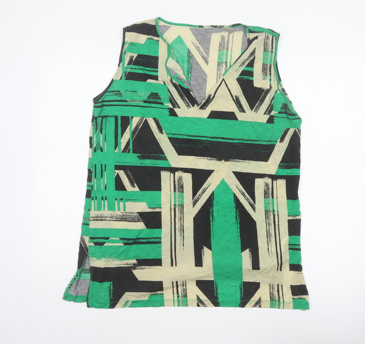 Jaeger Women Green Geometric Lyocell Sleeveless V-Neck Tunic Blouse L