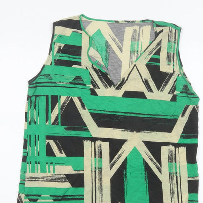 Jaeger Women Green Geometric Lyocell Sleeveless V-Neck Tunic Blouse L