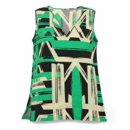 Jaeger Women Green Geometric Lyocell Sleeveless V-Neck Tunic Blouse L