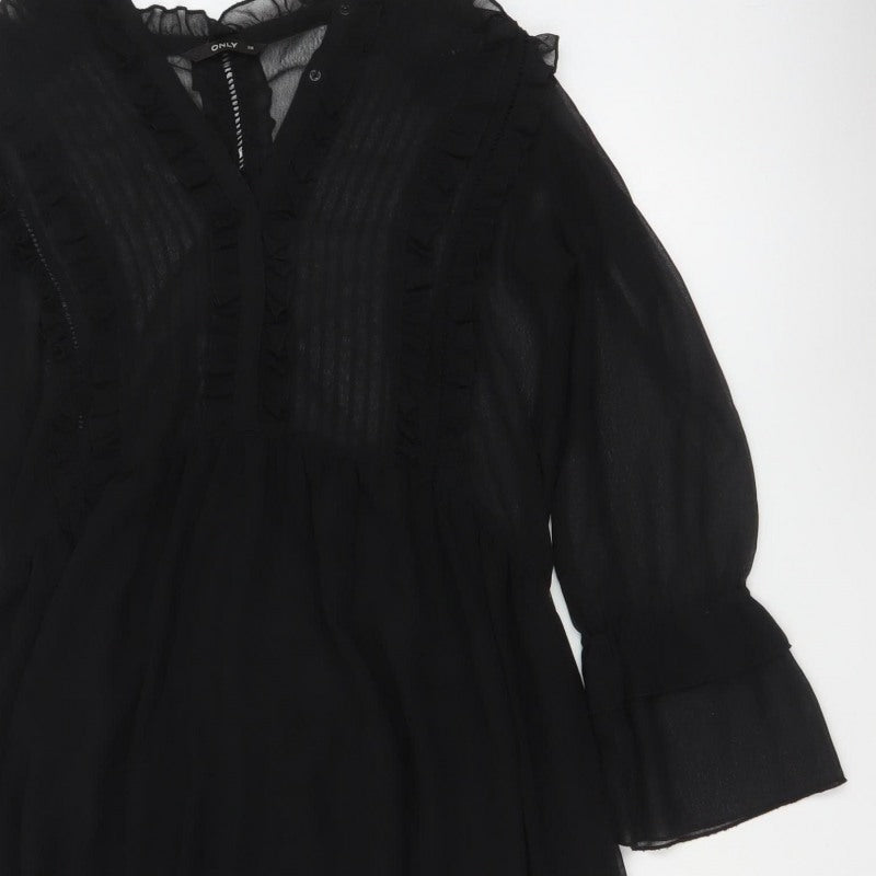 ONLY Women Black UK 10 Fit & Flare Ruffle Sheer Chiffon Mini Dress