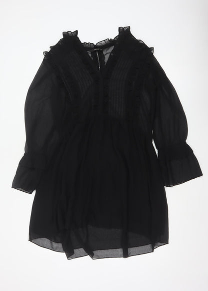 ONLY Women Black UK 10 Fit & Flare Ruffle Sheer Chiffon Mini Dress