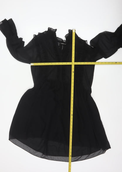 ONLY Women Black UK 10 Fit & Flare Ruffle Sheer Chiffon Mini Dress