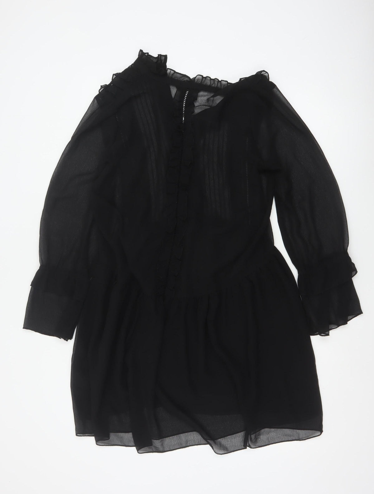 ONLY Women Black UK 10 Fit & Flare Ruffle Sheer Chiffon Mini Dress