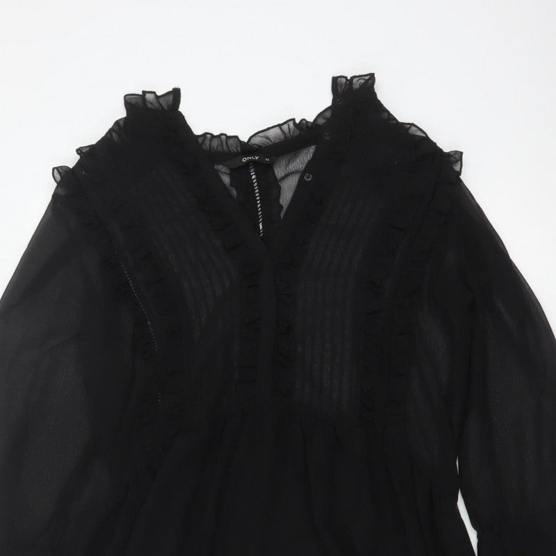 ONLY Women Black UK 10 Fit & Flare Ruffle Sheer Chiffon Mini Dress