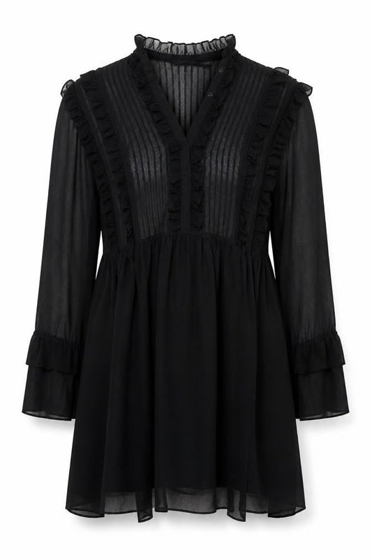 ONLY Women Black UK 10 Fit & Flare Ruffle Sheer Chiffon Mini Dress