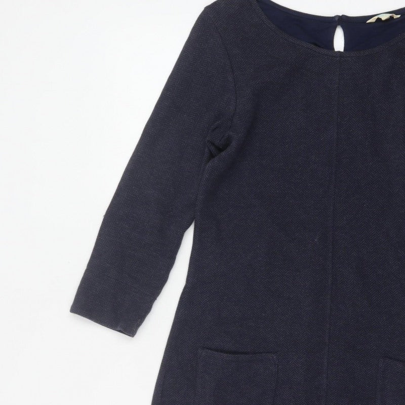 White Stuff Women Navy UK 8 Herringbone Shift Dress Long Sleeve Pockets