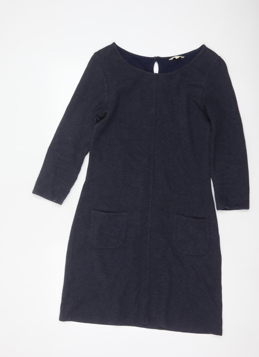 White Stuff Women Navy UK 8 Herringbone Shift Dress Long Sleeve Pockets