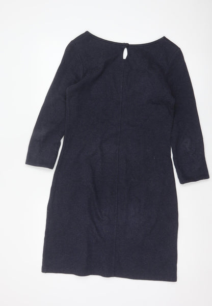 White Stuff Women Navy UK 8 Herringbone Shift Dress Long Sleeve Pockets