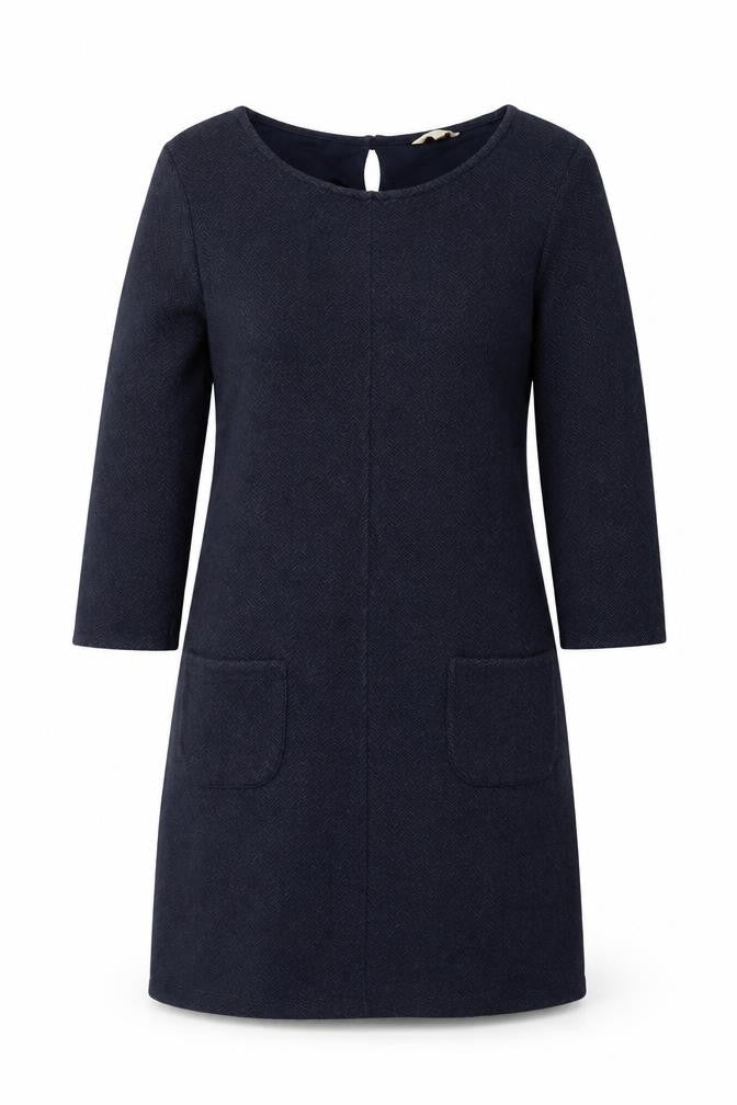 White Stuff Women Navy UK 8 Herringbone Shift Dress Long Sleeve Pockets