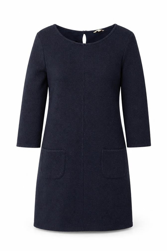 White Stuff Women Navy UK 8 Herringbone Shift Dress Long Sleeve Pockets