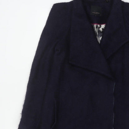 Ted Baker Women’s Navy Wool Blend Long Overcoat UK 10 Asymmetric
