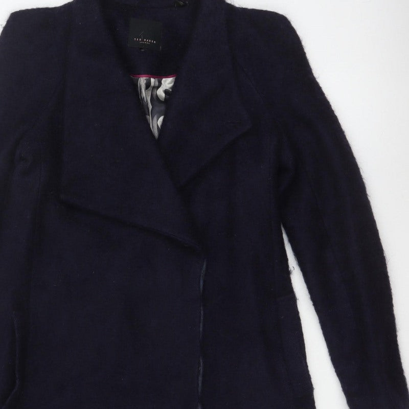Ted Baker Women’s Navy Wool Blend Long Overcoat UK 10 Asymmetric